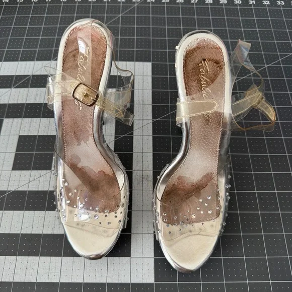 Fabulicious Size 7 Silver Rhinestone Platform Heels Bodybuilding Dance Peep Toe - Picture 4 of 10